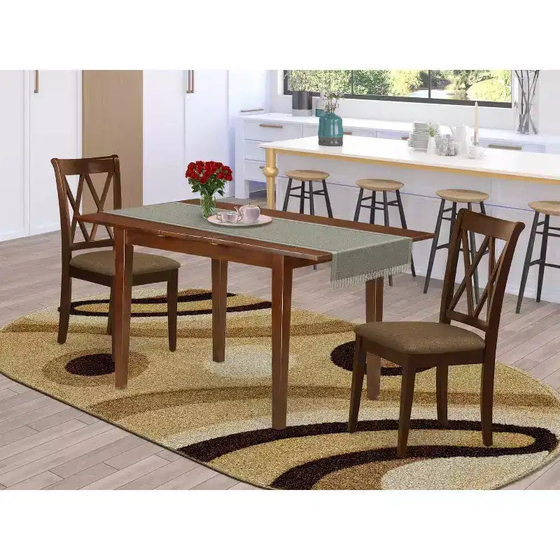 Ensemble de salle à manger 3 pièces HomeStock avec plateau rectangulaire en bois massif finition acajou et rallonge papillon