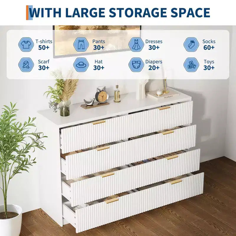 Commode cannelée à 9 tiroirs pour chambre à coucher, commode moderne de 160 cm de large avec poignées métalliques, meuble TV en bois cannelé, grande commode moderne pour dressing