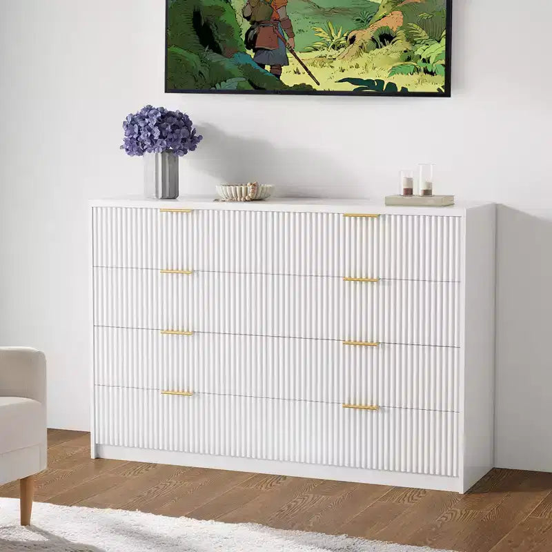 Commode cannelée à 9 tiroirs pour chambre à coucher, commode moderne de 160 cm de large avec poignées métalliques, meuble TV en bois cannelé, grande commode moderne pour dressing