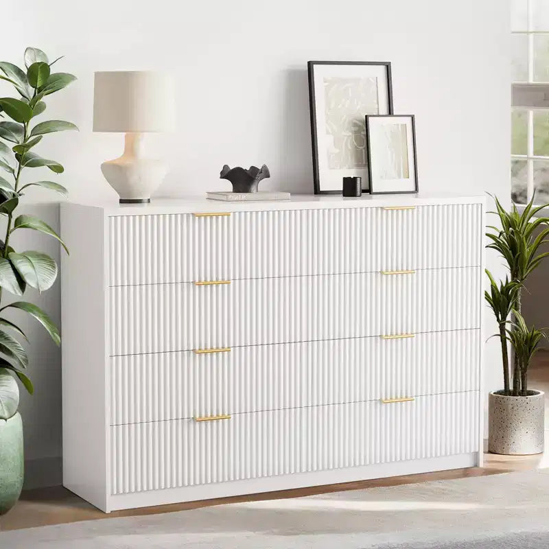 Commode cannelée à 9 tiroirs pour chambre à coucher, commode moderne de 160 cm de large avec poignées métalliques, meuble TV en bois cannelé, grande commode moderne pour dressing