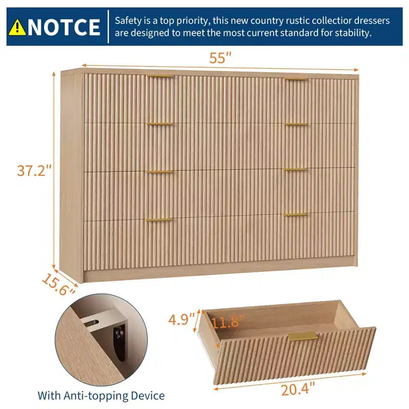 Commode cannelée à 9 tiroirs pour chambre à coucher, commode moderne de 160 cm de large avec poignées métalliques, meuble TV en bois cannelé, grande commode moderne pour dressing