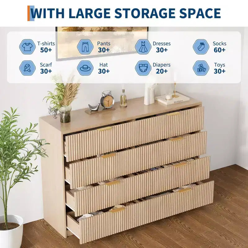 Commode cannelée à 9 tiroirs pour chambre à coucher, commode moderne de 160 cm de large avec poignées métalliques, meuble TV en bois cannelé, grande commode moderne pour dressing