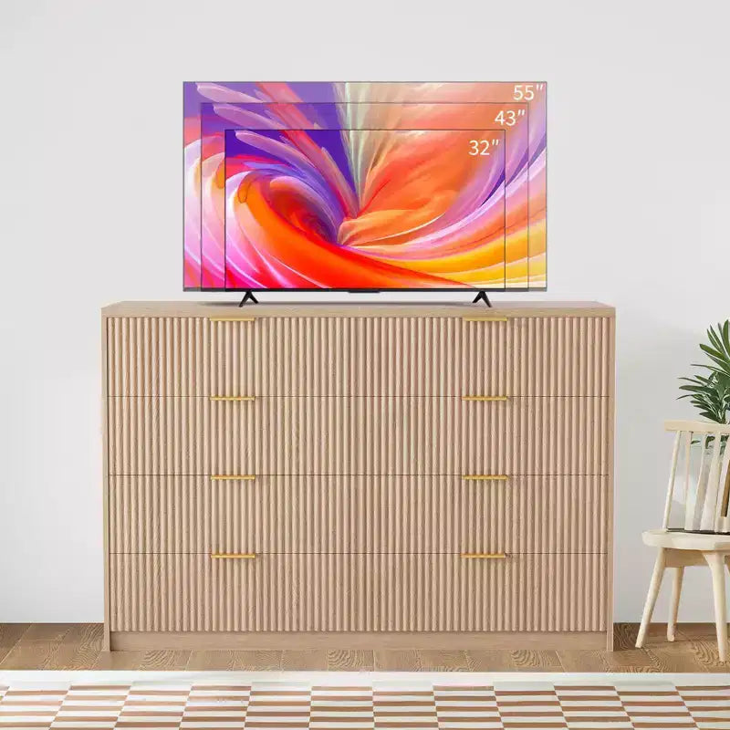 Commode cannelée à 9 tiroirs pour chambre à coucher, commode moderne de 160 cm de large avec poignées métalliques, meuble TV en bois cannelé, grande commode moderne pour dressing