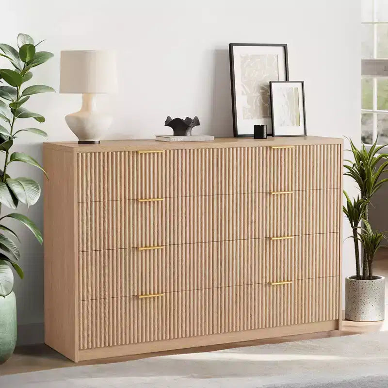 Commode cannelée à 9 tiroirs pour chambre à coucher, commode moderne de 160 cm de large avec poignées métalliques, meuble TV en bois cannelé, grande commode moderne pour dressing