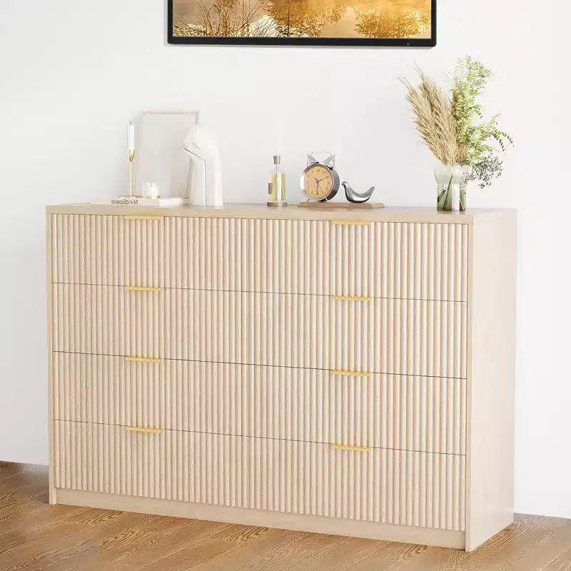 Commode cannelée à 9 tiroirs pour chambre à coucher, commode moderne de 160 cm de large avec poignées métalliques, meuble TV en bois cannelé, grande commode moderne pour dressing