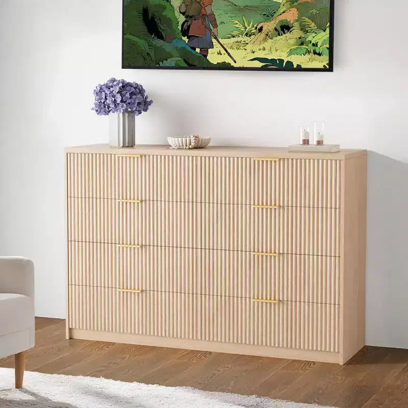 Commode cannelée à 9 tiroirs pour chambre à coucher, commode moderne de 160 cm de large avec poignées métalliques, meuble TV en bois cannelé, grande commode moderne pour dressing