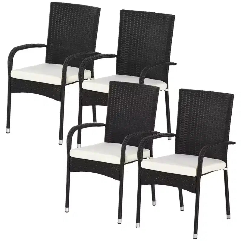 Stackable 4 PE Rattan Outdoor Dining Chairs with Cushions, Patio Wicker Dining Chairs with Armrests & Backrest
