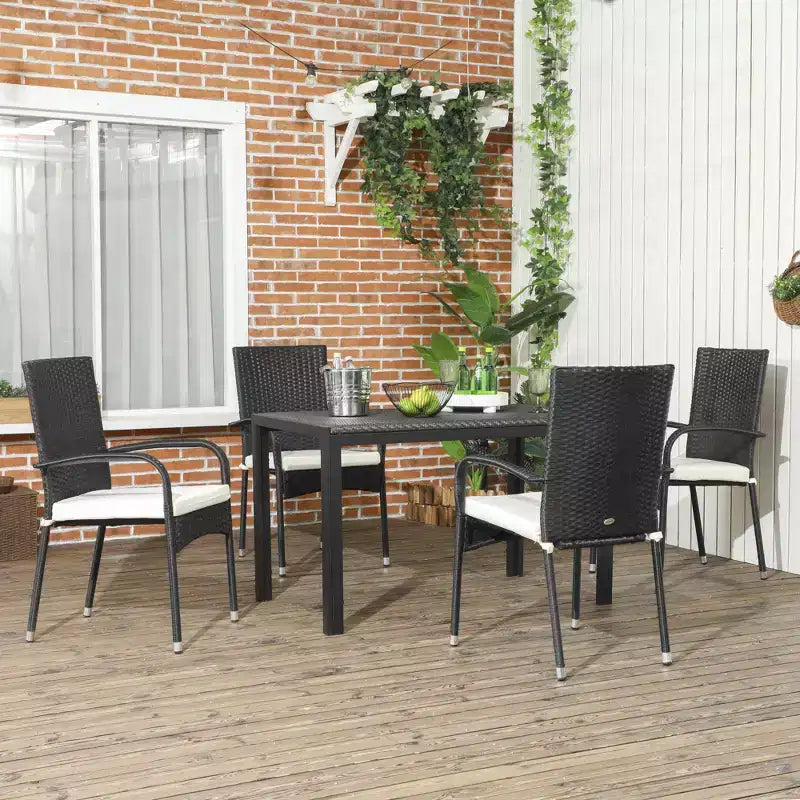 Chaises de salle à manger d'extérieur empilables en rotin PE 4 pièces avec coussins, chaises de salle à manger en osier de patio avec accoudoirs et dossier