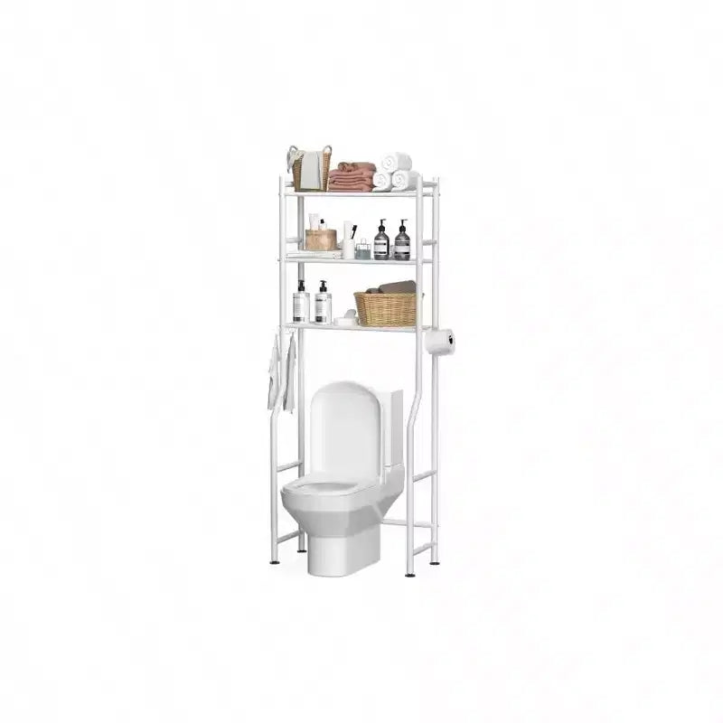 3 - Tier Over Toilet Storage Space Saver Metal Bathroom Shelves Freestanding Above Over Toilet Storage Shelf with 4 Hooks