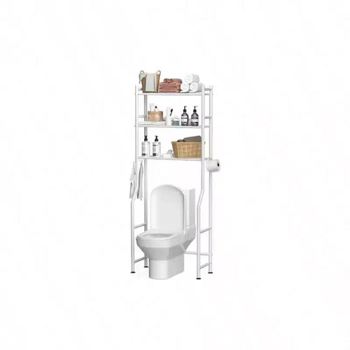 3 - Tier Over Toilet Storage Space Saver Metal Bathroom Shelves Freestanding Above Over Toilet Storage Shelf with 4 Hooks