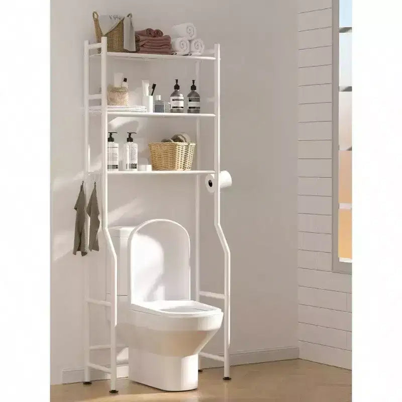 Étagère de rangement de salle de bain à 3 niveaux pour toilettes, étagère autoportante au-dessus des toilettes avec 4 crochets