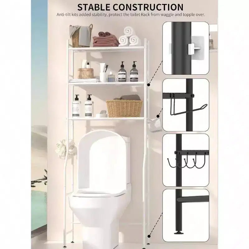 Étagère de rangement de salle de bain à 3 niveaux pour toilettes, étagère autoportante au-dessus des toilettes avec 4 crochets