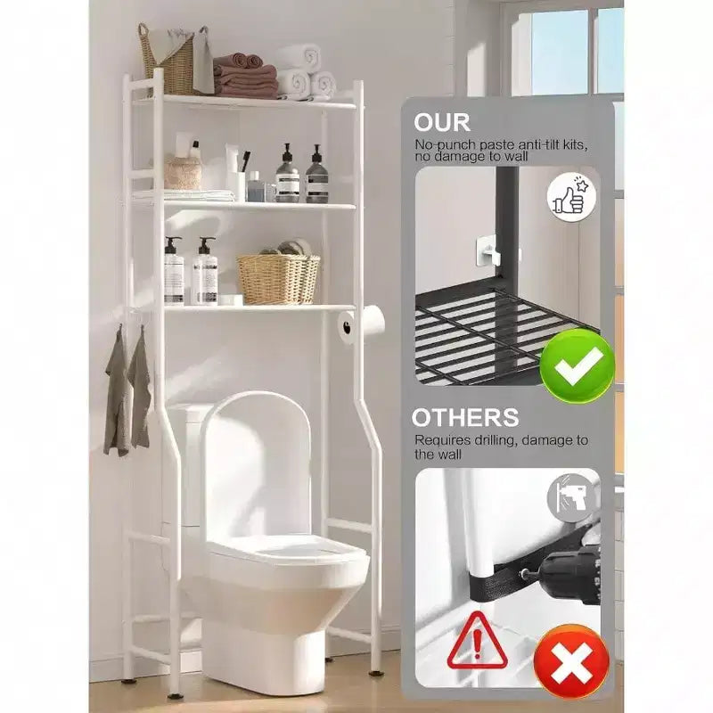 Étagère de rangement de salle de bain à 3 niveaux pour toilettes, étagère autoportante au-dessus des toilettes avec 4 crochets