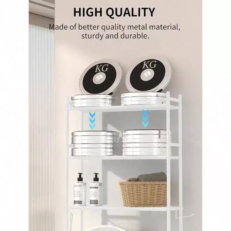 Étagère de rangement de salle de bain à 3 niveaux pour toilettes, étagère autoportante au-dessus des toilettes avec 4 crochets