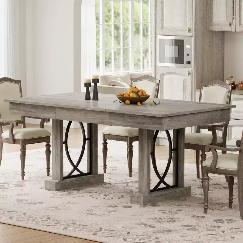 Dining Table for 6-8 with 2 Drawers, Wooden Kitchen Table with Double Pedestal & Large Tabletop, 8 Ft Large Rectangular Dinner Table for Kitchen