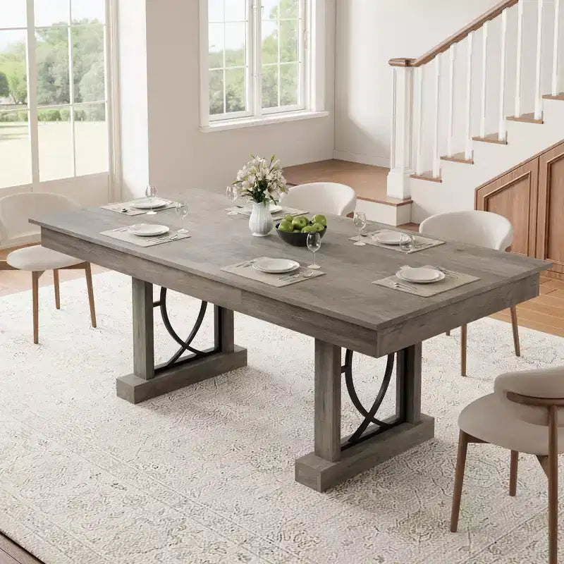 Table à manger 6-8 places avec 2 tiroirs, Table de cuisine en bois avec double piédestal et grand plateau, Grande table à dîner rectangulaire de 2,4 m pour la cuisine