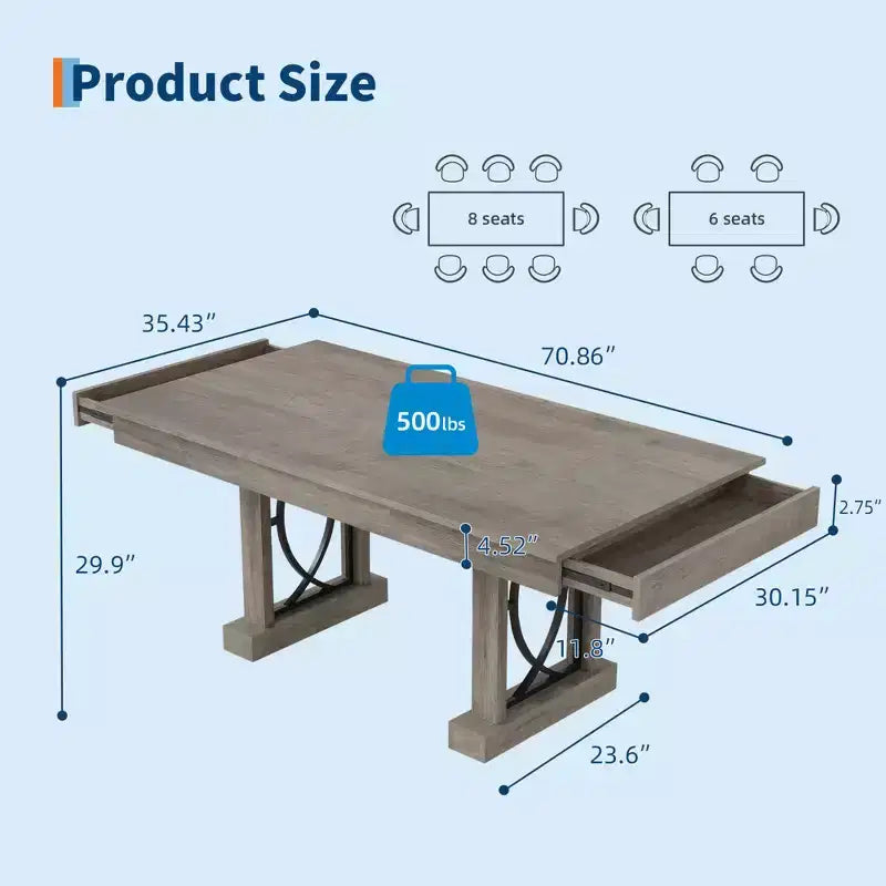 Table à manger 6-8 places avec 2 tiroirs, Table de cuisine en bois avec double piédestal et grand plateau, Grande table à dîner rectangulaire de 2,4 m pour la cuisine