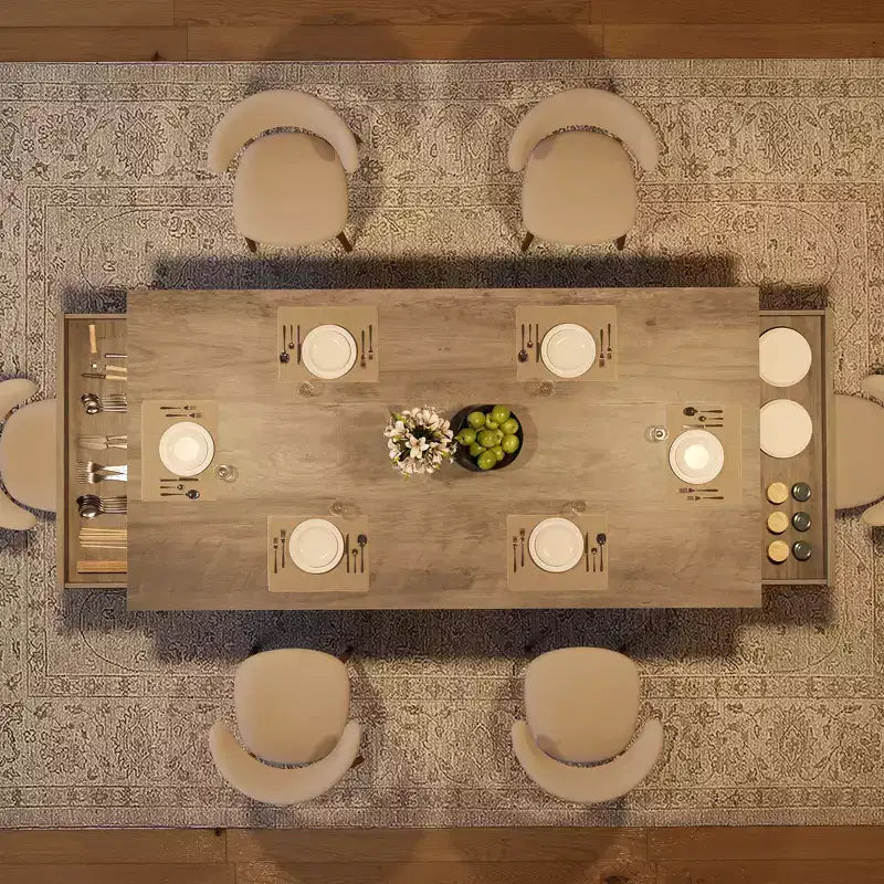 Table à manger 6-8 places avec 2 tiroirs, Table de cuisine en bois avec double piédestal et grand plateau, Grande table à dîner rectangulaire de 2,4 m pour la cuisine