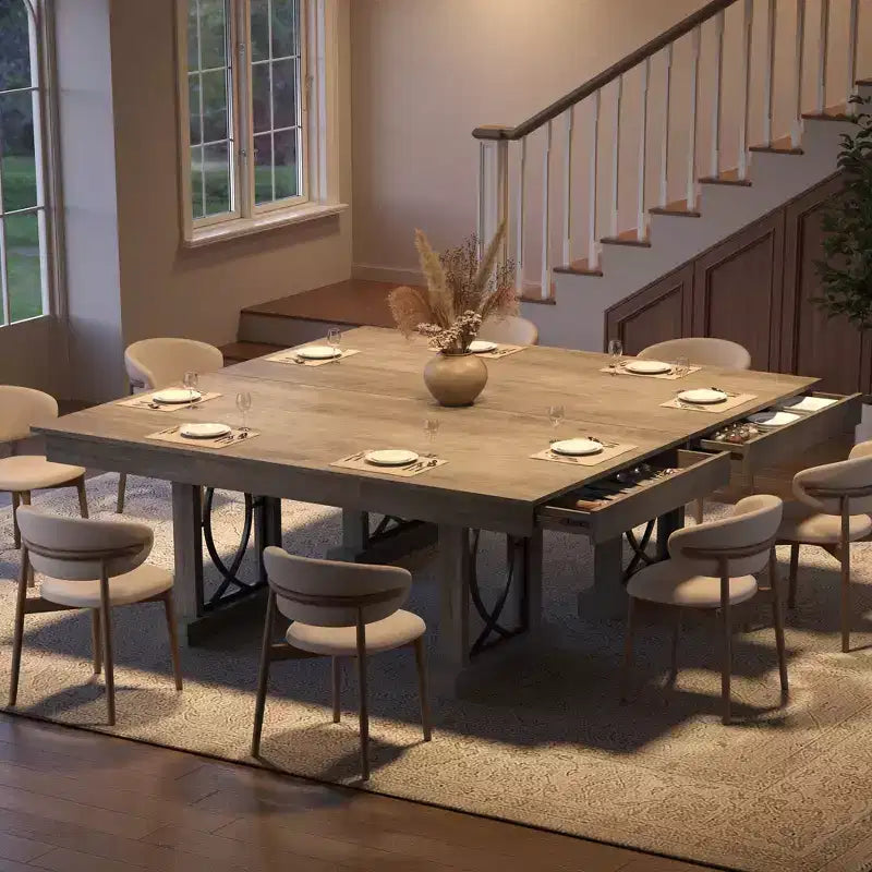Table à manger 6-8 places avec 2 tiroirs, Table de cuisine en bois avec double piédestal et grand plateau, Grande table à dîner rectangulaire de 2,4 m pour la cuisine