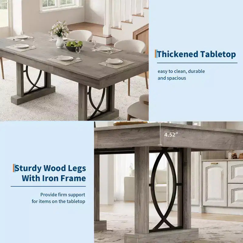Table à manger 6-8 places avec 2 tiroirs, Table de cuisine en bois avec double piédestal et grand plateau, Grande table à dîner rectangulaire de 2,4 m pour la cuisine