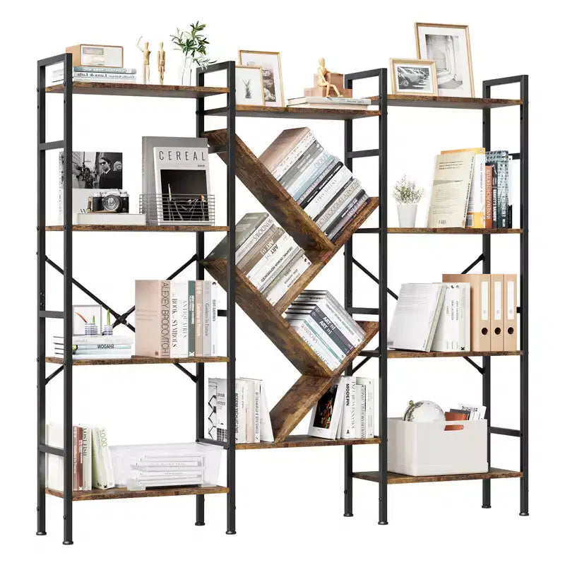 Étagère, triple étagère à 5 niveaux, large bibliothèque, étagère rustique en bois, pour votre chambre, salon, maison et bureau