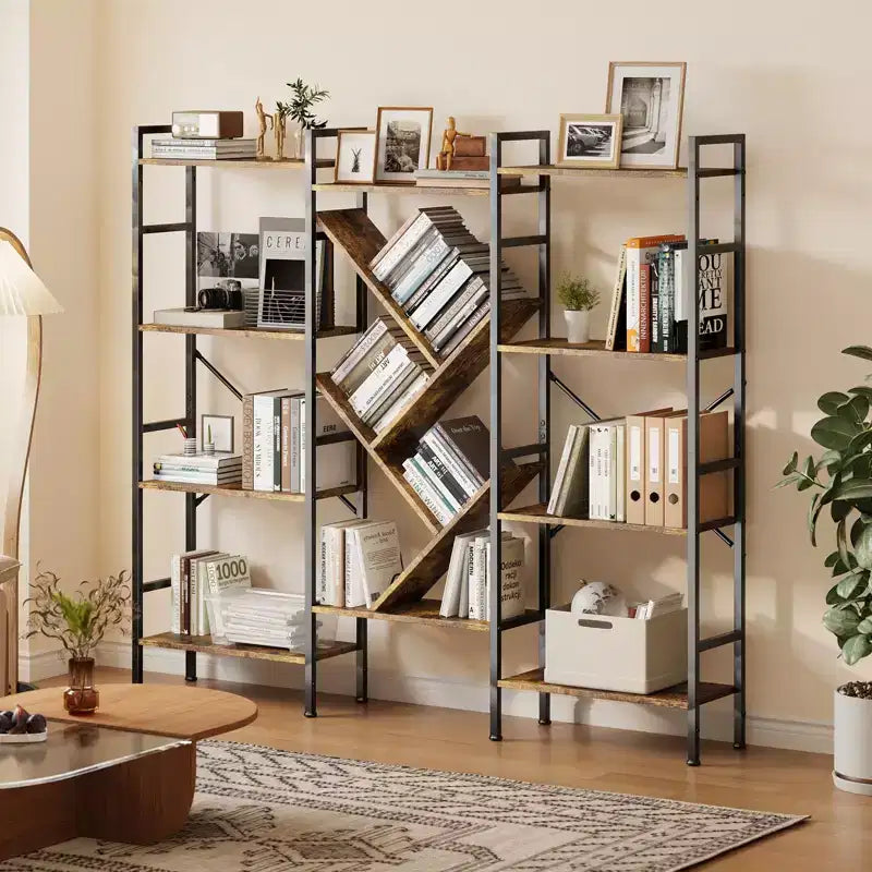 Étagère, triple étagère à 5 niveaux, large bibliothèque, étagère rustique en bois, pour votre chambre, salon, maison et bureau