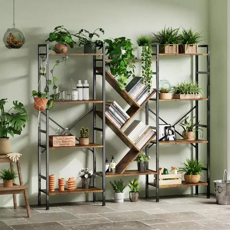Étagère, triple étagère à 5 niveaux, large bibliothèque, étagère rustique en bois, pour votre chambre, salon, maison et bureau