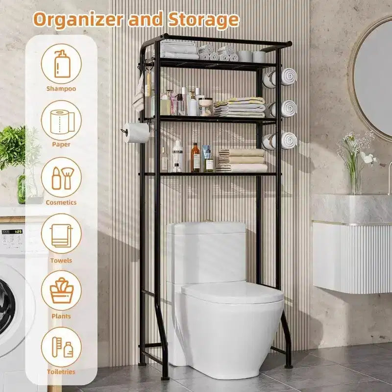 Étagère de salle de bain 3 niveaux au-dessus des toilettes, Organisateur de salle de bain peu encombrant, Noir