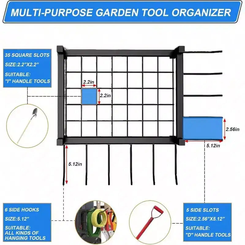 Étagère de jardin autoportante robuste à 3 niveaux multifonctionnelle avec crochets et poches pour balai, pelle et râteau d'extérieur