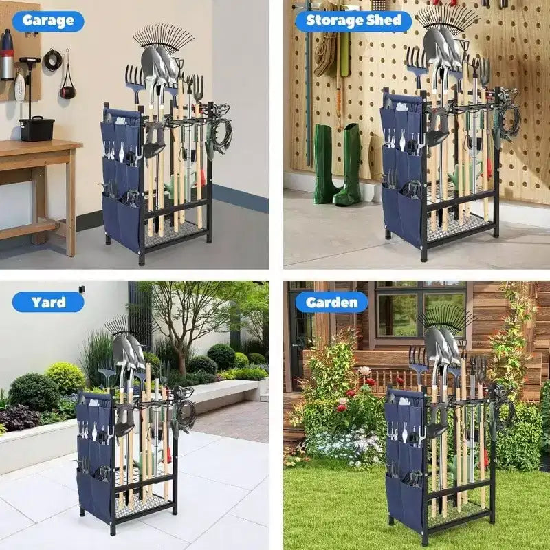 Étagère de jardin autoportante robuste à 3 niveaux multifonctionnelle avec crochets et poches pour balai, pelle et râteau d'extérieur
