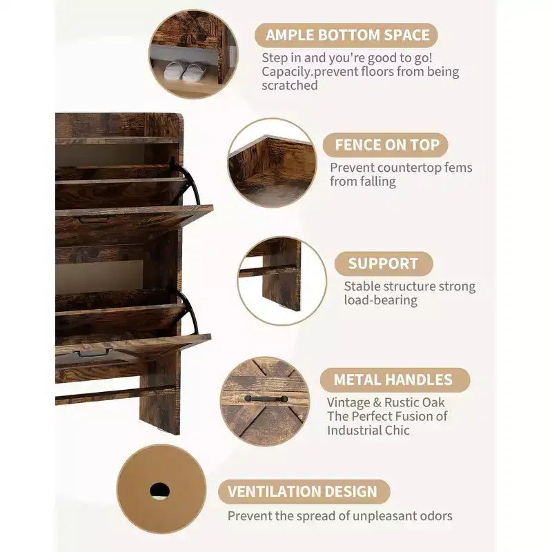 COZONY Meuble à Chaussures Étroit pour Entrée avec 2 Tiroirs Rabattables, Étagère à Chaussures Autoportante Mince, Armoire à Chaussures Cachée