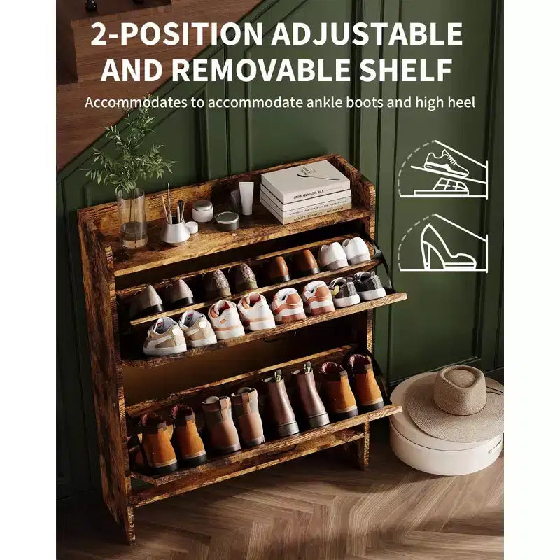 COZONY Meuble à Chaussures Étroit pour Entrée avec 2 Tiroirs Rabattables, Étagère à Chaussures Autoportante Mince, Armoire à Chaussures Cachée