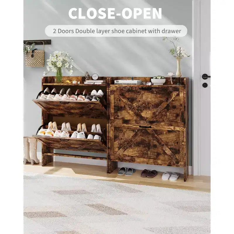 COZONY Meuble à Chaussures Étroit pour Entrée avec 2 Tiroirs Rabattables, Étagère à Chaussures Autoportante Mince, Armoire à Chaussures Cachée