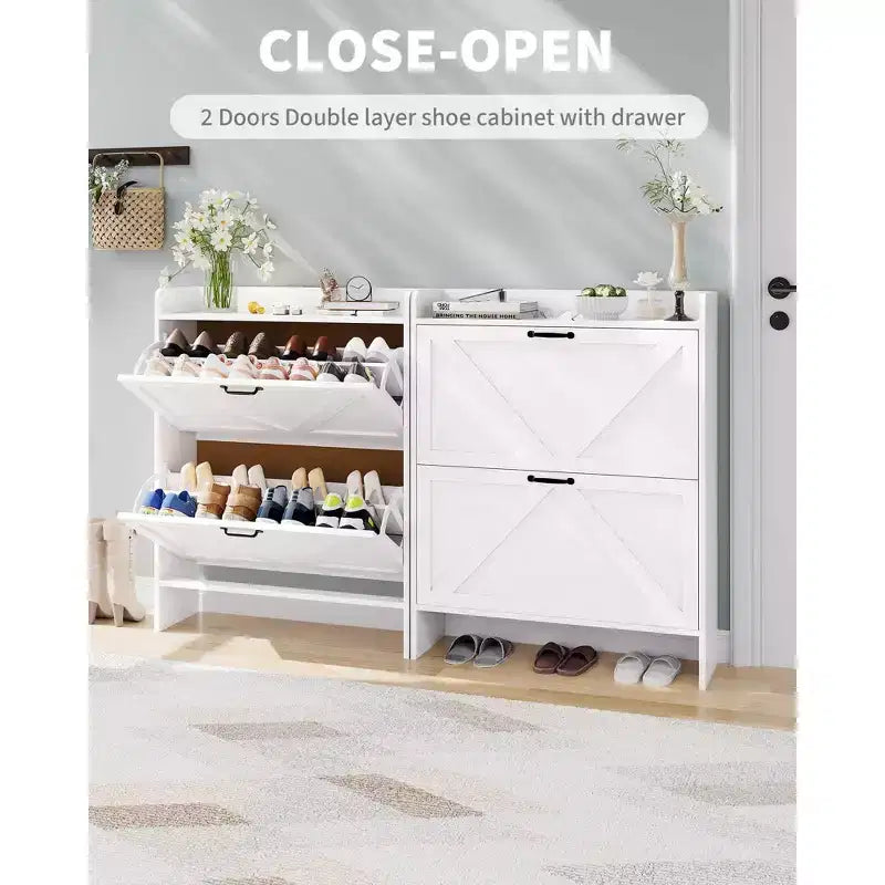 COZONY Meuble à Chaussures Étroit pour Entrée avec 2 Tiroirs Rabattables, Étagère à Chaussures Autoportante Mince, Armoire à Chaussures Cachée