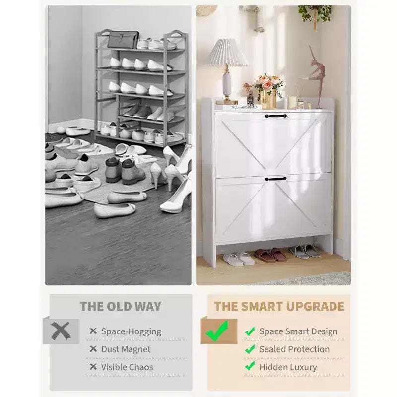 COZONY Meuble à Chaussures Étroit pour Entrée avec 2 Tiroirs Rabattables, Étagère à Chaussures Autoportante Mince, Armoire à Chaussures Cachée