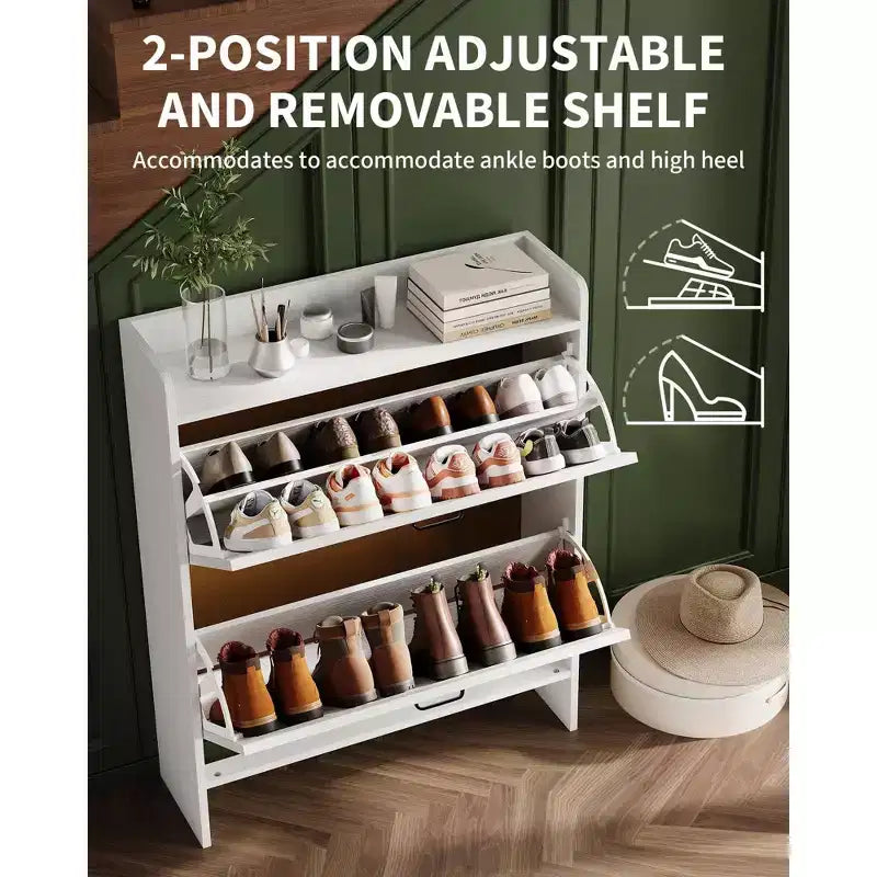 COZONY Meuble à Chaussures Étroit pour Entrée avec 2 Tiroirs Rabattables, Étagère à Chaussures Autoportante Mince, Armoire à Chaussures Cachée