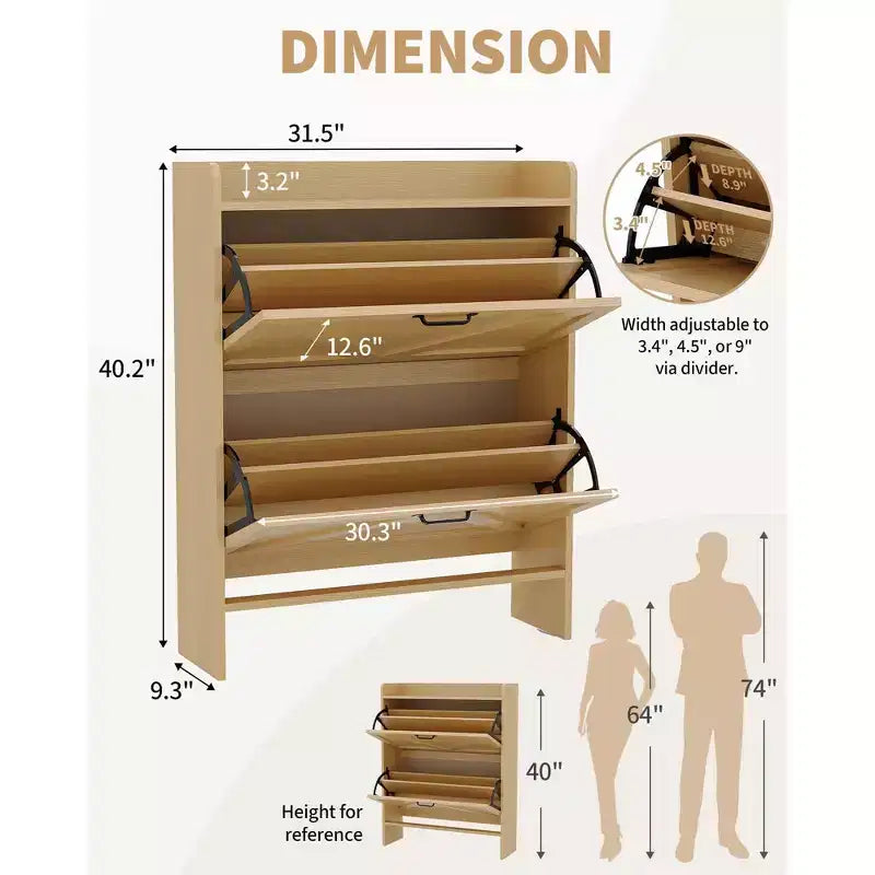 COZONY Meuble à Chaussures Étroit pour Entrée avec 2 Tiroirs Rabattables, Étagère à Chaussures Autoportante Mince, Armoire à Chaussures Cachée