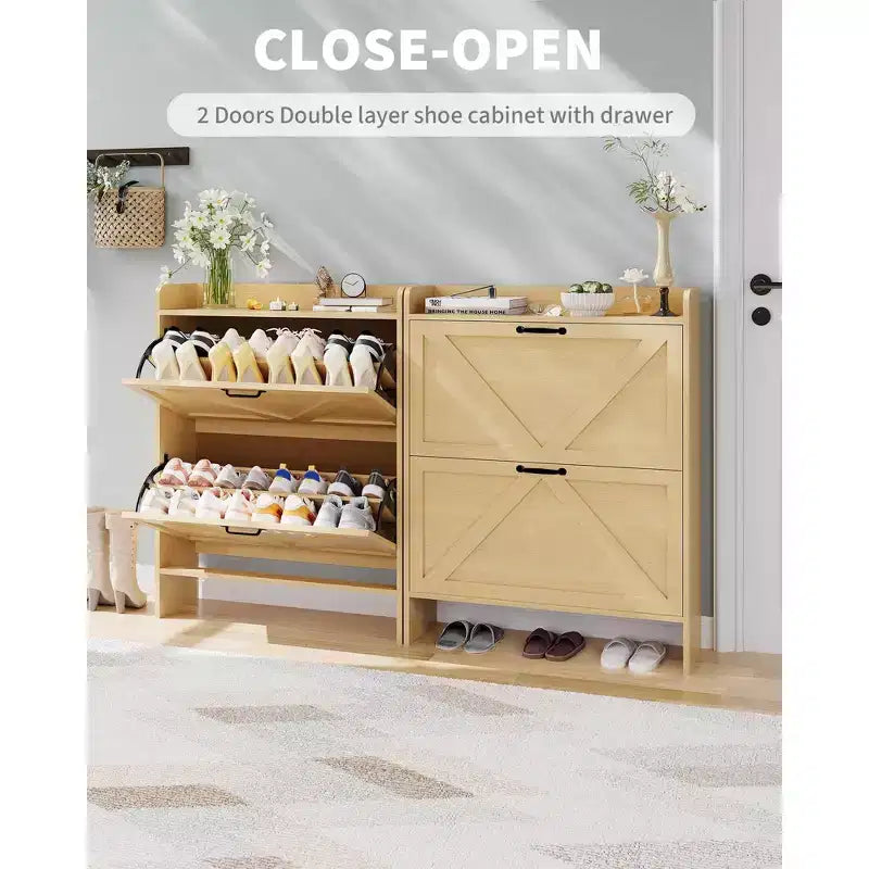 COZONY Meuble à Chaussures Étroit pour Entrée avec 2 Tiroirs Rabattables, Étagère à Chaussures Autoportante Mince, Armoire à Chaussures Cachée