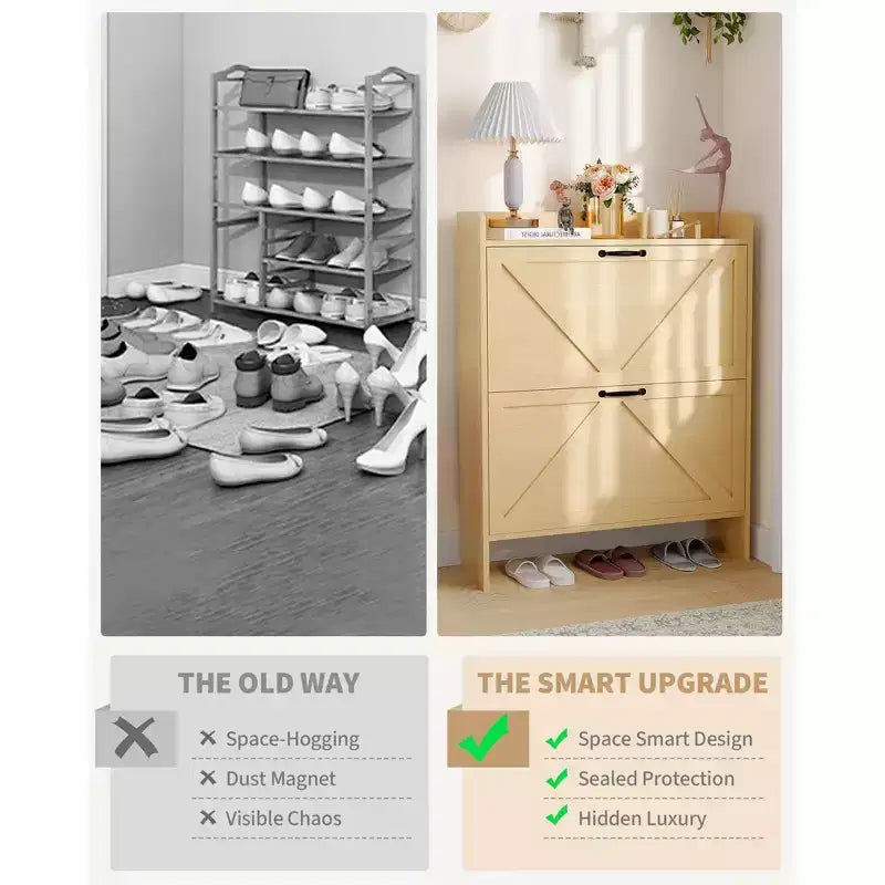 COZONY Meuble à Chaussures Étroit pour Entrée avec 2 Tiroirs Rabattables, Étagère à Chaussures Autoportante Mince, Armoire à Chaussures Cachée