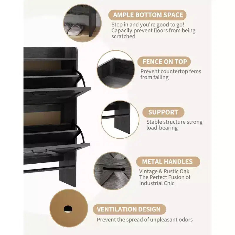 COZONY Meuble à Chaussures Étroit pour Entrée avec 2 Tiroirs Rabattables, Étagère à Chaussures Autoportante Mince, Armoire à Chaussures Cachée