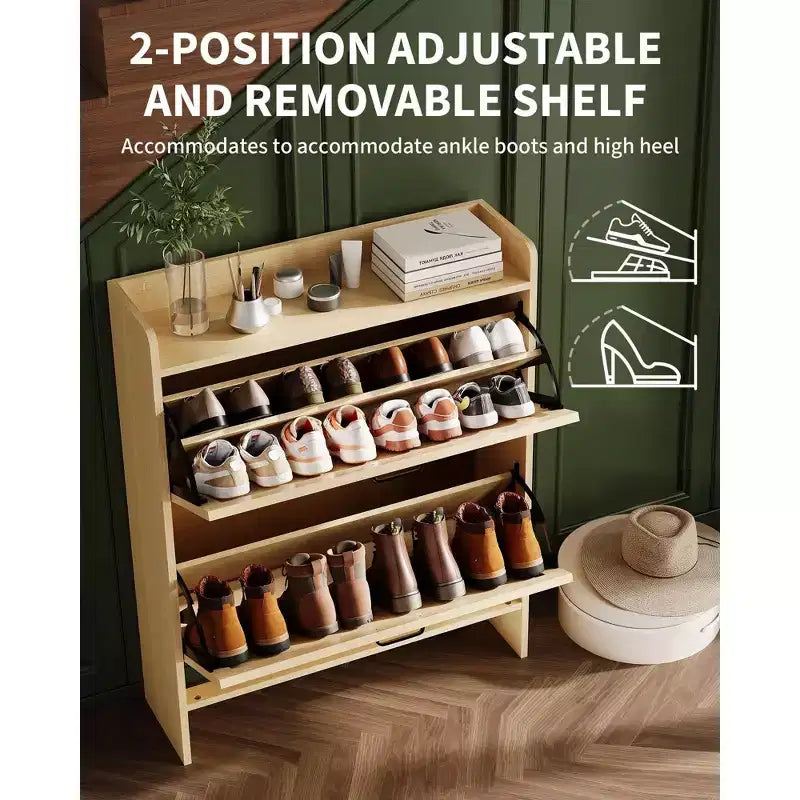COZONY Meuble à Chaussures Étroit pour Entrée avec 2 Tiroirs Rabattables, Étagère à Chaussures Autoportante Mince, Armoire à Chaussures Cachée