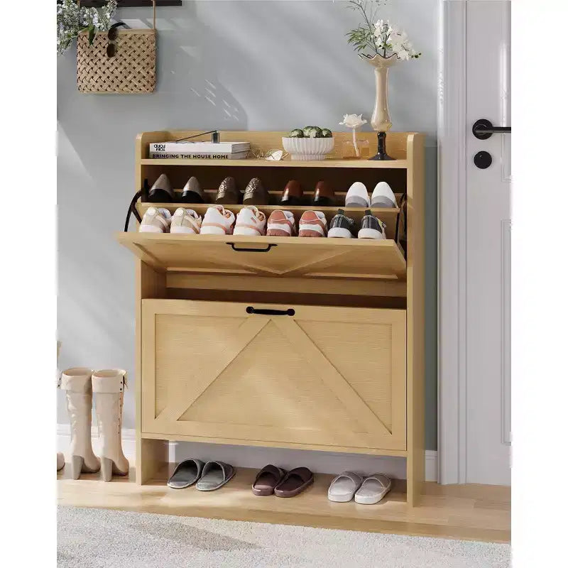 COZONY Meuble à Chaussures Étroit pour Entrée avec 2 Tiroirs Rabattables, Étagère à Chaussures Autoportante Mince, Armoire à Chaussures Cachée