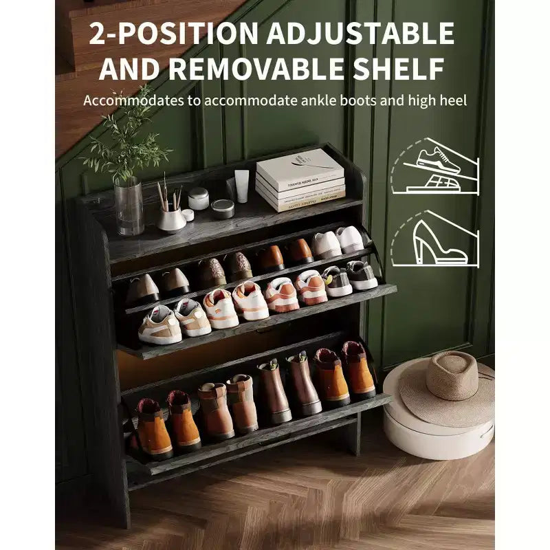 COZONY Meuble à Chaussures Étroit pour Entrée avec 2 Tiroirs Rabattables, Étagère à Chaussures Autoportante Mince, Armoire à Chaussures Cachée