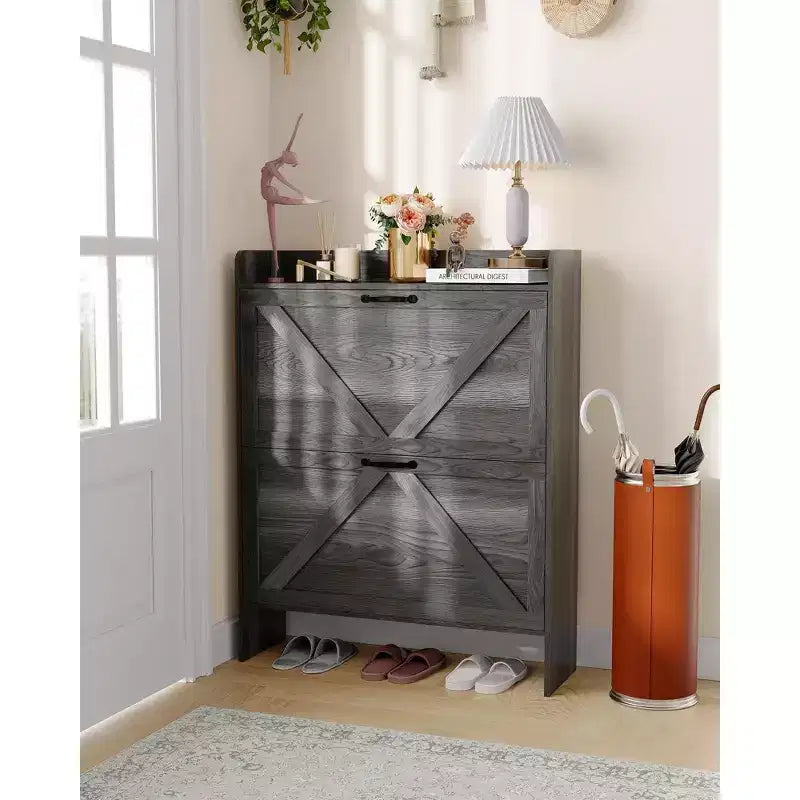 COZONY Meuble à Chaussures Étroit pour Entrée avec 2 Tiroirs Rabattables, Étagère à Chaussures Autoportante Mince, Armoire à Chaussures Cachée