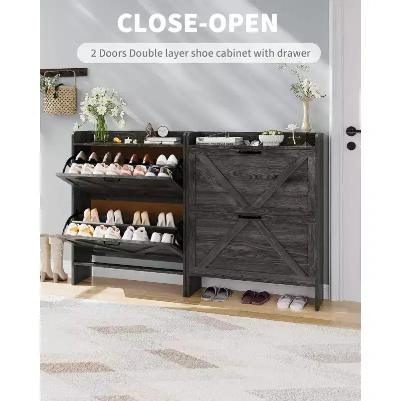 COZONY Meuble à Chaussures Étroit pour Entrée avec 2 Tiroirs Rabattables, Étagère à Chaussures Autoportante Mince, Armoire à Chaussures Cachée