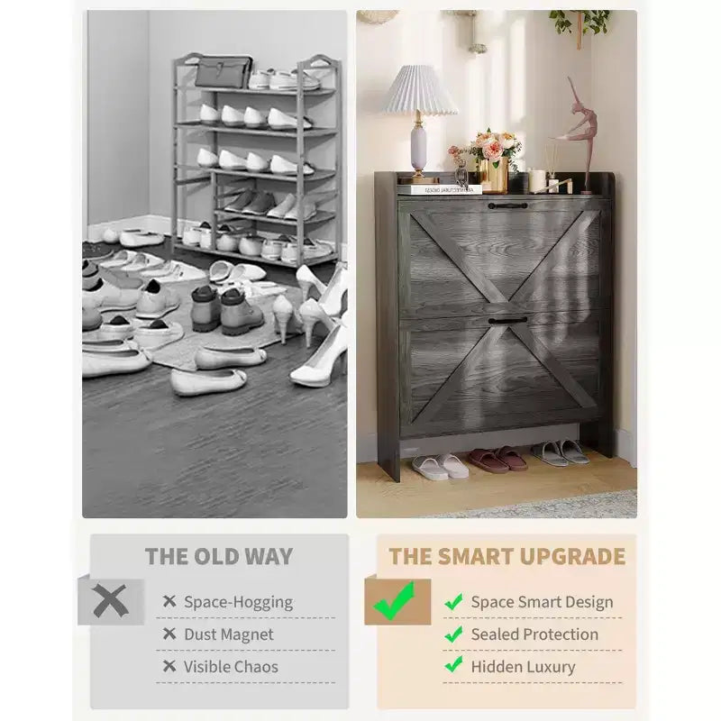 COZONY Meuble à Chaussures Étroit pour Entrée avec 2 Tiroirs Rabattables, Étagère à Chaussures Autoportante Mince, Armoire à Chaussures Cachée