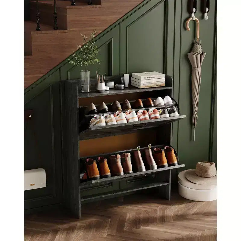 COZONY Narrow Shoe Storage Cabinet for Entryway with 2 Flip-Up Drawers, Slim Freestanding Shoe Organizer Rack, Hidden Shoe Cabinet