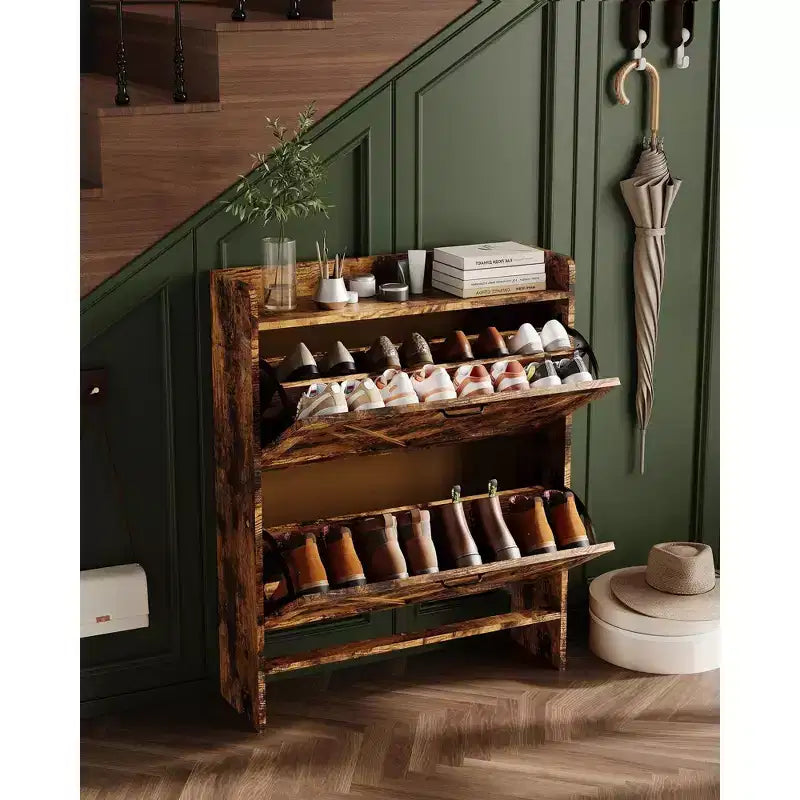 COZONY Meuble à Chaussures Étroit pour Entrée avec 2 Tiroirs Rabattables, Étagère à Chaussures Autoportante Mince, Armoire à Chaussures Cachée