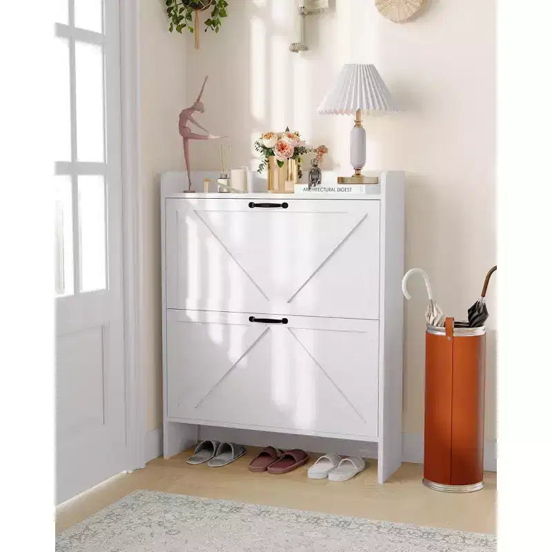 COZONY Meuble à Chaussures Étroit pour Entrée avec 2 Tiroirs Rabattables, Étagère à Chaussures Autoportante Mince, Armoire à Chaussures Cachée