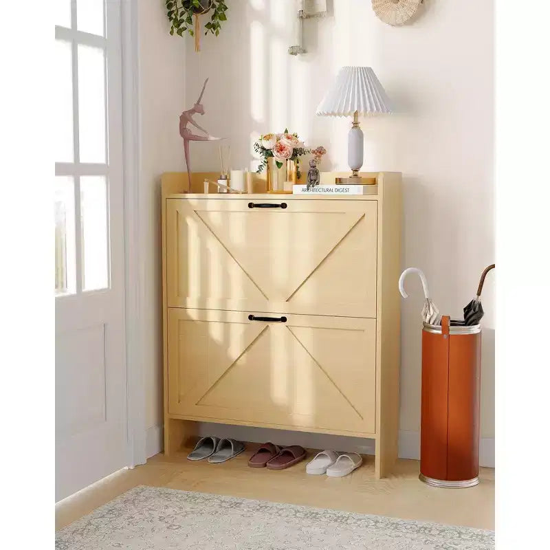 COZONY Meuble à Chaussures Étroit pour Entrée avec 2 Tiroirs Rabattables, Étagère à Chaussures Autoportante Mince, Armoire à Chaussures Cachée